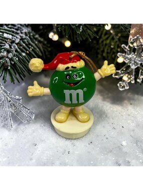 Vintage 1988 Green M&M Christmas Ornament Candy Tube Topper With Santa Hat